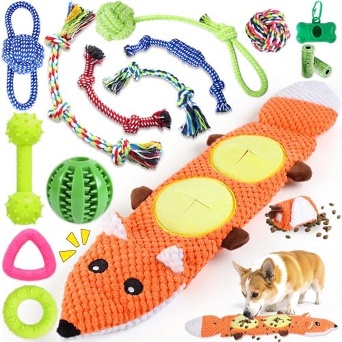 MRSOHRET 15 Pack Dog Toys, Dog Puzzle Toy Puppy Chew Toys for Teething, Dogs Essentials Toy Bundle with No Stuffing Squeaky Toy, Tough Ropes, Treat Ball for Small, Medium Large Dogs to Keep Them Busy