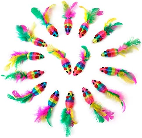 CHIWAVA 24PCS 5" Rattle Cat Toys Mice with Feathers Rainbow Rope Mouse