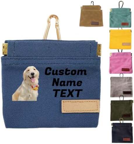 Custom Dog Treat Pouch with Image Logo Name,Portable Puppy Dog Training Treat Bag,Self-Closing Pet Feed Snack Reward,Hand Free Dog Walking Bag with Carabiner (Blue)