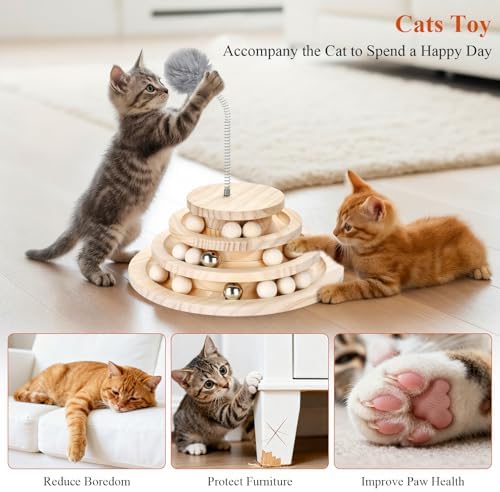 Large Upgraded Cat Track Ball Toy with Bell & Teaser Wand - 3-Layer Tower Roller, Interactive Wooden Cat Toy for Mental & Physical Exercise, Double Fun for Kittens & Adult Cats