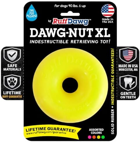 Ruff Dawg Dawg-Nut XL 4.5” Yellow – Heavy-Duty Solid Rubber Donut Dog Chew Toy for Dogs 40 lbs & Up – Floats & Bounces – Made in USA