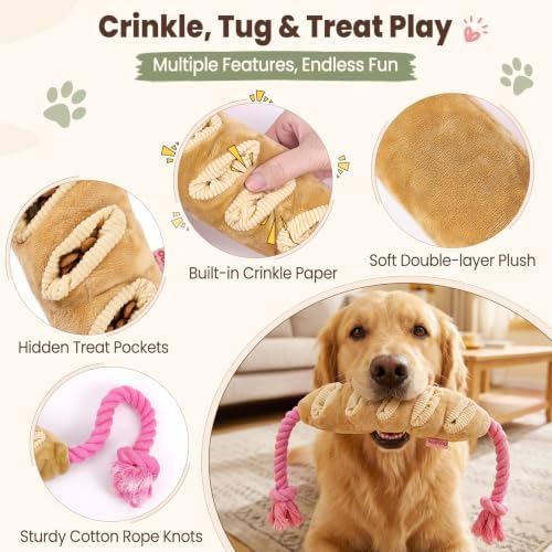 Tough Dog Toys for Aggressive Chewers - Interactive Dog Toys for Large Dogs, Durable Rope Dog Toy Crinkle Treat Holder, Indestructible Chew Toys & Puzzle Feeder for Heavy Biters