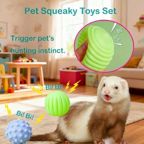14 pcs Ferret Squeaky Toys Set Rubber Balls Ferret Teeth Grinding Chewing Balls Teething Bouncy Bell Ball Interactive Sound Squeaker Toy Exercise Scratch Chew Toy for Ferrets Pet Cat Dog Small Animals