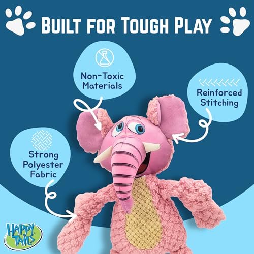 Happy Tails 13" Woolie Elephant Dog Toy for Medium to Large Dogs - Durable Polyester with Squeaky Sound and Reinforced Stitching for Interactive Play and Chewing