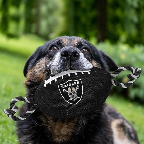 Pets First NFL Raiders Football Dog Toy, Tough Quality Nylon Materials, Strong Pull Ropes, Inner Squeaker, NFL Team Color