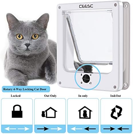 CEESC Medium Cat Door for Interior/Exterior, for Pets <15.75", White | Rotary 4-Way Lock, Weatherproof, Fits doors 1.26-2.14", Adjustable tunnel depth, Upgraded version