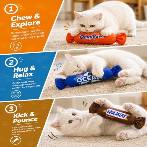 Gochanmon Cat Toys Candy Pillows,4 Pack, Catnip Inside,Soft and Durable Kick Sticks with Crinkle Sound, Interactive Indoor Kitten Play and Exercise Toy 7.9 Inches