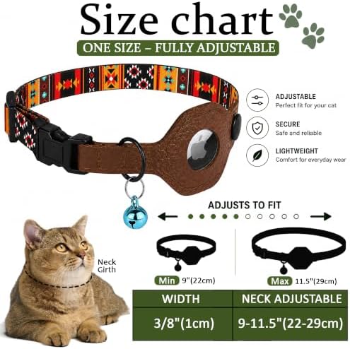 Breakaway Cat Collar with Leather AirTag Holder & Bell - Apple Air Tag Cat Collars for Girls & Boys, Lightweight Anti-Lost GPS Tracker Design, Printed Pattern - Safety and Adjustable (Western)