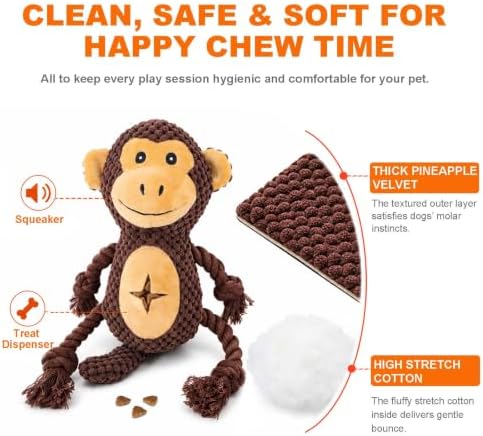 Dog Squeaky Chew Toy, Plush Crinkle Rope Dog Toy - Brown Monkey