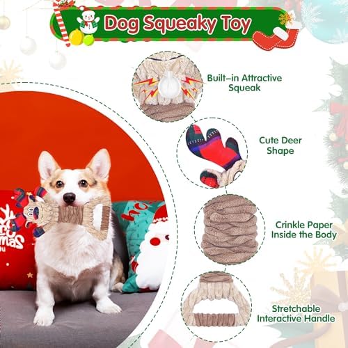 Christmas Dog Toys, Plush Squeaky Dog Toy with Crinkle Paper, Cute Christmas Puppy Toys with Cotton, Durable Interactive Dog Chew Toys for Puppy Small Medium Large Breed