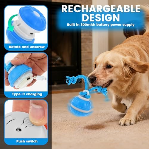 Interactive Dog Toy with Rope, 2026 Upgraded 3 Modes 360° Smart Automatic Rolling Moving Rechargeable Moving Fetch Dog Toy Ball for Boredom(Blue)