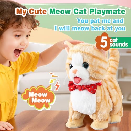 Yellow Walking Cat for Girls Set Toy Talking Singing Animated Robot Kitty Interactive Plush for Cat for Kids Kitten Robotic Plush That Meow and Purrs Electric Robot for Toddlers Baby
