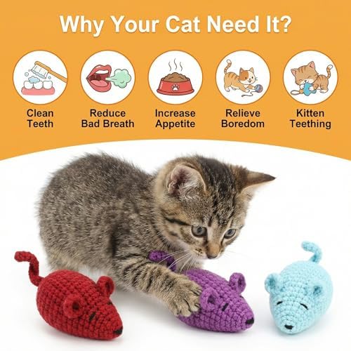 Catnip Toys Crochet Mice Cat Toys, 3 Pcs Handmade Durable Yarn Mice Toys with Natural Catnip & Silvervine, Interactive Kitten Chew Kicker Toy for Teeth Cleaning & Anxiety Relief