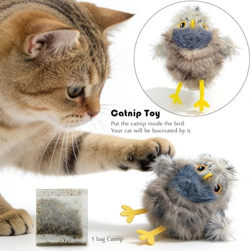 Tipmant Realistic Electric Birds Cat Teaser Interactive Toy Kitten Kitty Exercise, Touch Activated, Rechargeable, Chirp, Flap Wings with Catnip (Grey Cuckoo)