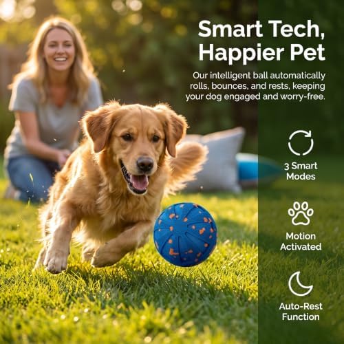 Smart Interactive Dog Toy Wicked Ball Automatic Moving Bouncing Rotating Active Rolling Ball 3 Modes Chew Resistant E-TPU Dog Ball IPX7 Waterproof Electric Puppy Toy for Small Medium Large Dogs Blue