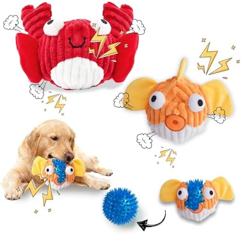 Squeak Dog Toys for Aggressive Chewers, No Stuffing Squeak Dog Chew Toys for Aggressive Chewers, Interactive Dog Toy Ball with Crinkle Paper for Medium Dogs, Large & Small Breeds (E-Crab+Fish)