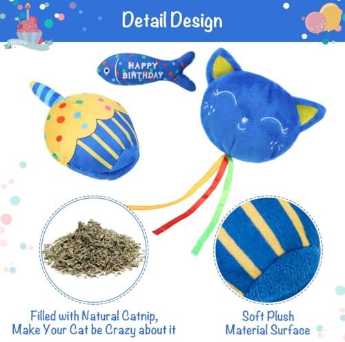 BINGPET Cat Birthday Decorations Outfit, 5 Pcs Catnip Toys for Indoor Cats