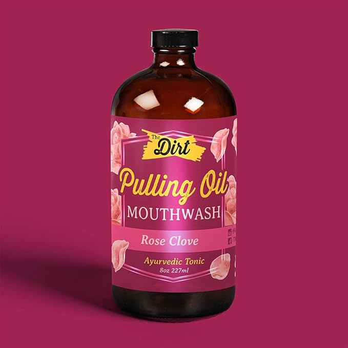 The Dirt Gluten Free Oil Pulling Mouthwash - Dental Tonic with Essential Oils for Bad Breath, Non-GMO… (Luscious Rose, Clove & Mint, 8 Ounce)