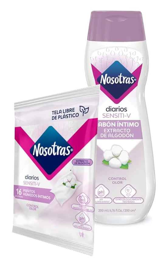 Nosotras Feminine Wash Set Intimate Soap Sensiti-V | Kit Jabon Intimo y Pañitos Humedos Sensiti-V Extracto de Algodon Colombia (6.76oz - 200ml)