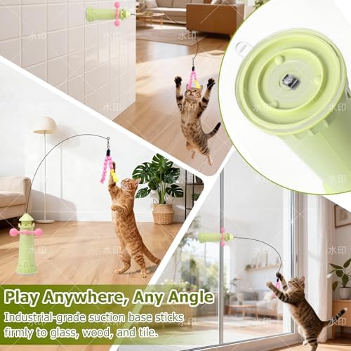 Interactive Cat Toys for Indoor Cats, Windmill Feather Cat Teaser Wand, Bouncy Kitten Toys with Strong Suction Cup Base for Bored Felines & Self-Played Enrichment Green