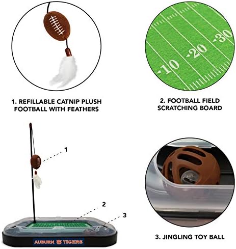 Pets First NCAA Auburn Tigers Reversible Football Field CAT Scratcher Toy with Catnip Filled Plush Football Toy&Feather Cat Toy Hanging with Jingle Bell Interactive Ball Cat Chasing 6-in-1 Kitty Toy