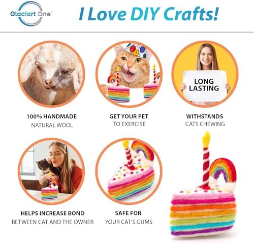 Glaciart One Wool Cat Birthday Cake Toy – Handmade Plush Catnip Design, Interactive Play for Indoor Cats, for Kittens & Cat Lovers
