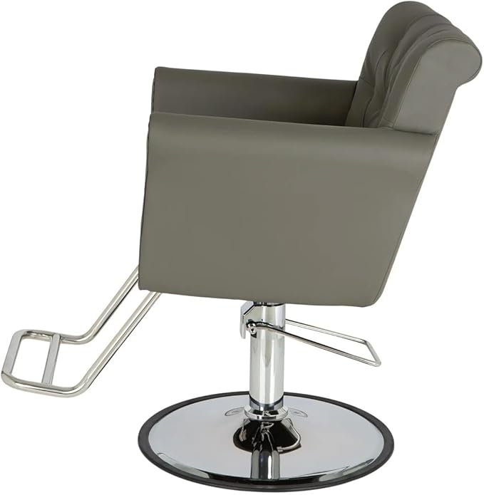 Buy-Rite Chelsea Styling Chair for Salons – Gray Tufted Back, Brass Nailhead Trim, Steel Hydraulic Pump, 3.5” Removable Seat Cushion, Padded Arms, Vinyl Upholstery – NIN-9902