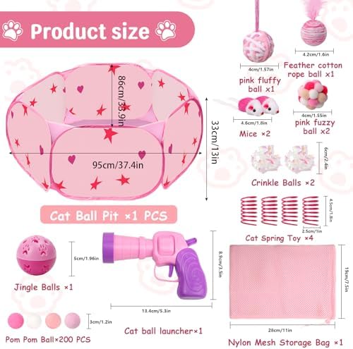 Cat Ball Pit for Indoor Cats, Interactive Toys Set with Pom Pom Launcher