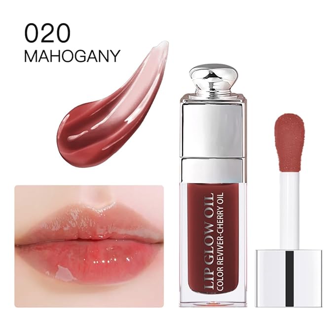 Hydrating Lip Glow Oil, Lip Oil Gloss Transparent Toot Tinted Nourishing Long Lasting Repairing Lightening Lip Lines (MAHOGANY) 0.2 OZ