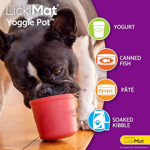 LICKIMAT Yoggie Pot - Distraction, Fun and Enrichment. Long Lasting Rubber Licking Treat Dispenser for All Dog Sizes and Slow Feeder for Small Dogs - Red