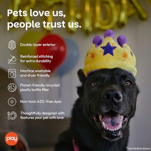 P.L.A.Y. Cute Plush Dog Toys - Birthday Party Celebration Themed Durable Squeaker Chew Toy, Great for Puppies & Small, Medium, Large Dogs - Machine Washable, Recycled Materials (Canine Crown, Medium)