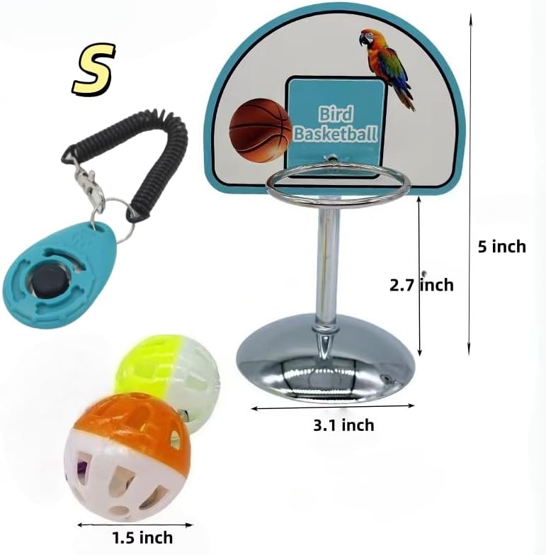 Fosrion Parrot Basketball Hoop Toy Set - Training Hoop with 2 Bird Balls Parrots (Small + Clicker)