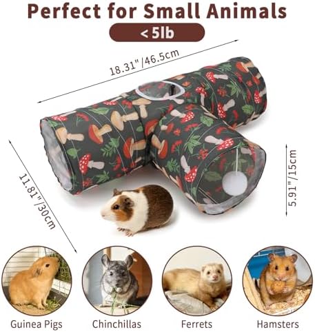Rypet Guinea Pig Tunnel Hideout 3-Way Collapsible Small Pet Tubes, Mashroom
