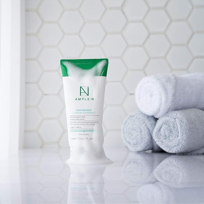 AMPLE:N Purifying Shot Cream Cleanser – Korean Pore Refining Facial Cleanser with Egg White & Blue Lotus Extract - Exfoliate & Remove Makeup Residue and Impurities from Pores Texture, 5.07 fl.oz.
