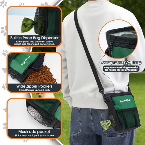 Dog Treat Pouch, 4 Cup Training Bag, Magnetic Closure, 3 Way Wear, Green | 600D waterproof Oxford fabric, multi pocket storage, zipper and mesh pockets, pull out poop bag dispenser, includes 2 rolls
