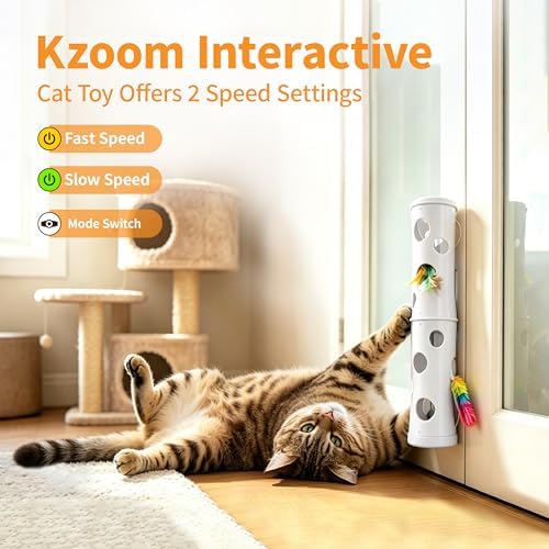 Kzoom Interactive Cat Feather Toy, Cat Toy Automatic Fluffy Tail Teaser with Motion Activated, USB Rechargeable, Suction Cup for Stable Play, Perfect for Indoor Cats