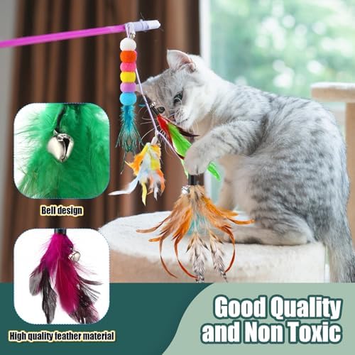 50 Pcs Cat Wand Refill, Feather Toys Replacement with Bells