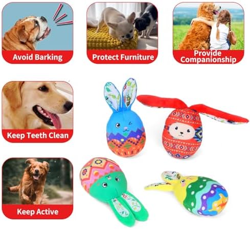 4 Pcs Easter Bunny Egg Dog Toys for Small Dogs Squeaky Small Dog Toys Durable Push Puppy Toys for Chewing Interactive with Crinkle Paper for Small Medium Dogs Easter Day Gift