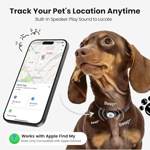 Smart Pet Tracker for Collar - Dog Trackers Location for Pet with Holder, No Monthly Fee, Real-Time Tracking, iOS Only, Long-Lasting, IPX6 Waterproof, Anti-Lost Tracker for Cats, Bag Straps, Black