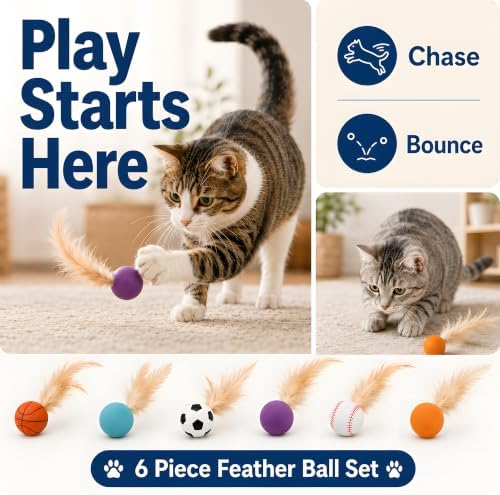 Bouncing Balls for Cats with Natural Feathers, 6 Pack Interactive Cat Toys