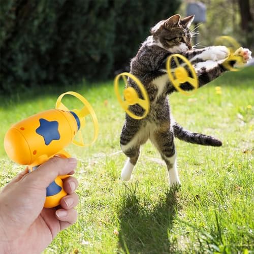 Andiker Cat Fetch Toy, Interactive Kitten Flying Disc Launcher Toy with 5 Colorful Flying Propellers for Cat Enrichment, Flying Saucer Toy for Cats for Training and Chasing (Yellow)