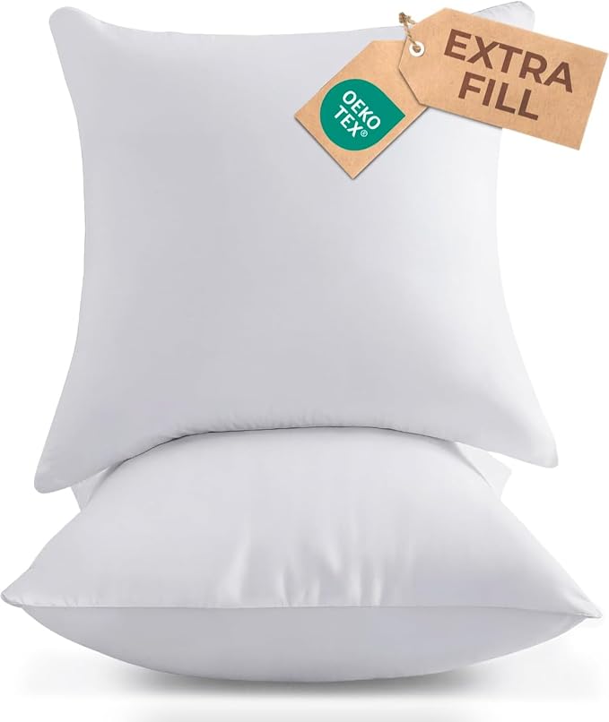 16x16 Pillow Inserts, Throw Pillows for Bed, Sofa & Couch - Set of 2, White | Decorative Bed Throw Pillows, Soft, Supportive & Fluffy Cushion Inserts, Sham Stuffer, Down Alternative, Machine Washable