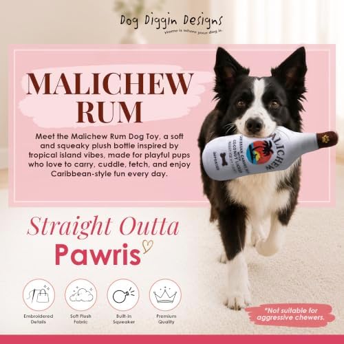 Dog Diggin Designs Malichew Rum Plush Dog Toy | Luxury-Inspired Parody Whisky Bottle Dog Toy with Squeaker, Soft Plush Novelty Dog Toy – Shaken, Not Stirred!