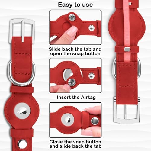 Leather Dog Collar with Airtag Holder - Apple Air Tag Dog Collars - Soft Tracking GPS Pet Collar for Small Medium Large Dogs Breed Puppy (Red, XL, 19"-24" Neck Fit)
