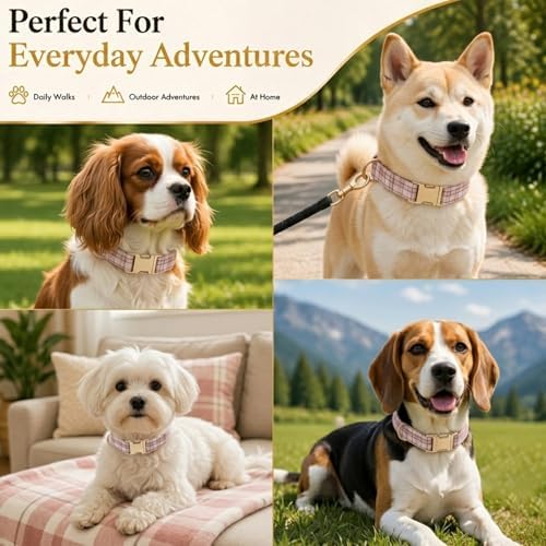 Soft Cotton Dog Collar Classic Plaid Pet Collars with Metal Clasp for Large Dogs with Sensitive Skin, Blush Pastel Tartan