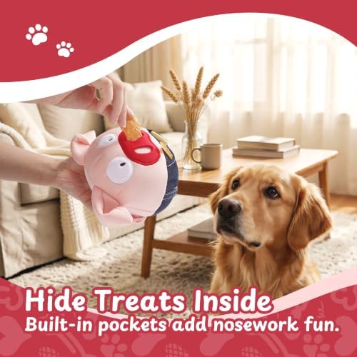 Interactive Dog Toy, Treat-Hiding Pockets Bouncing Ball for Dogs, Plush Pig