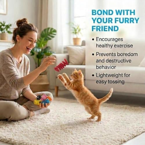 Glaciart One Felt Mini Spring Cat Toy – 10 Pcs Soft Fuzzy Enrichment 100% Natural Wool - Interactive Stretchable Play Cat Toy Set - Safe for Pets, Non-AZO Colored Dyes - 11” Long