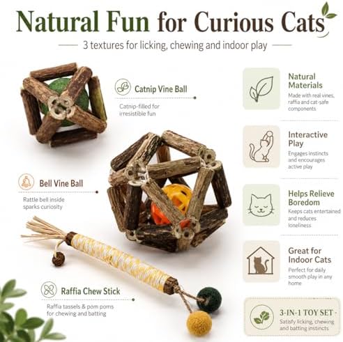 3 Pack Cat Toy Set, Catnip Vine Ball, Bell Vine Ball and Raffia Chew Stick, Natural Interactive Cat Chew Toys for Indoor Cats, Kitten Teething, Licking, Batting, Chasing, Pouncing, Boredom Relief Fun