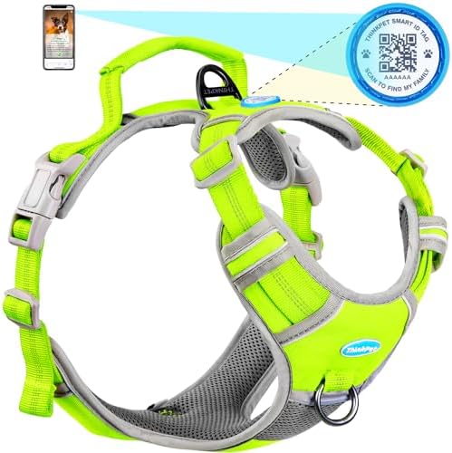 ThinkPet No Pull Harness Breathable Sport Harness with QR Code Dog Tag Reflective Dog Harnesses Smart ID Tagwith Handle Adjustable for Medium Large Dogs Back/Front Clip for Easy Control S Green