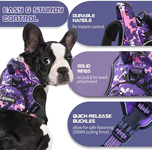 No Pull Dog Harness for Medium Dogs, Adjustable No Choke Pet Vest with Dog Leash Fit Smart Reflective Pet Walking Harness for Training Easy Control Soft Handle Purple Camo M